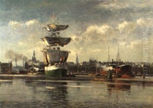 Amsterdamer Gracht Mit Ankerndem Dreimaster Und Dampfer by Heinrich Hermanns