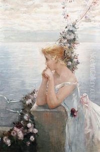 Portrait Of A Girl Wearing A White Dress With Pink Bow With A Seascape Beyond