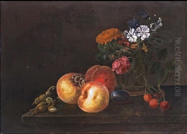 Stilleben Mit Granatapfel, Pfirsichen, Nussen, Erdbeeren Und Blumen In Einem Glasbecher - view 1