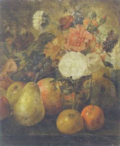 Roses, Carnations And Other Flowers In A Glass Vase With Grapes, Pears And Apples On A Stone Ledge
