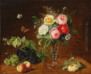 Still Life With Colourful Roses In A Glass Vase, With Grapes, Peaches And Insects by Olaf August Hermansen