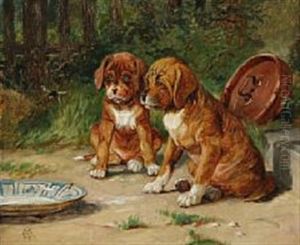Two Puppies Curiously Watching A Bumblebee