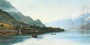 Rowing Boats On Hardanger Fjord In Norway With Snowy Mountains In The Background