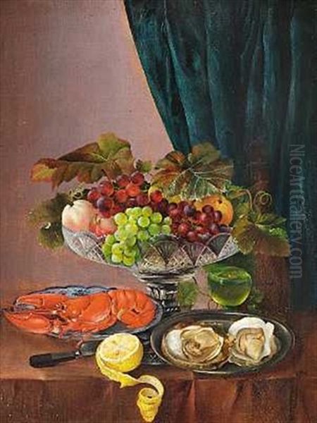 Opstilling Med Hummer, Osters, Citron Og Frugtskal Pa Et Bord - view 1