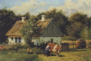 Bondegardsidyl Med Kone, Der Malker En Ko Ved Et Strataekt Hus