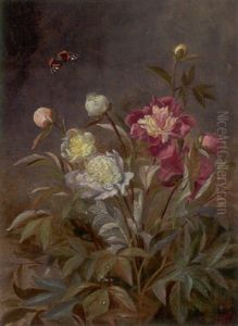 Regnvade Paeoner Og Sommerfugl by Olaf August Hermansen