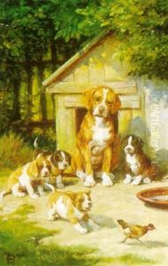 Hunde Med Fire Hvalpe Foran Hundehuset, I Forgrunden Legesyg Hvalp Med Kylling