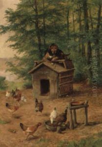 Hund Pa Taget Af Sit Hundehus Omgivet Af H+ns Hund Pa Taget Af Sit Hundehus Omgivet Af H+ns