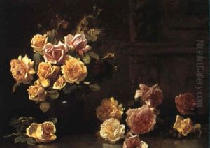 Vase Med Gule Og Lyser+de Roser Pa Et Bord by Olaf August Hermansen