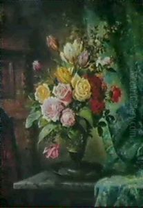 Broget Buket Af Roser Og Tulipaner Pa Et Bord, I Baggrunden Renaissanceskab Og Gront Klaede by Olaf August Hermansen