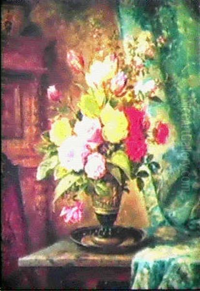 Blomsterstilleben Med Rosor I Vas I Rumsinterior - view 1