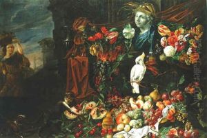 Nature Morte A La Composition Florale, Perroquet Et Buste De Ceres Sur Fond D'architecture De Palais
