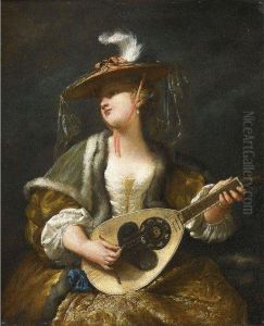 A Lady Playing A Mandolin by Jean Barbault