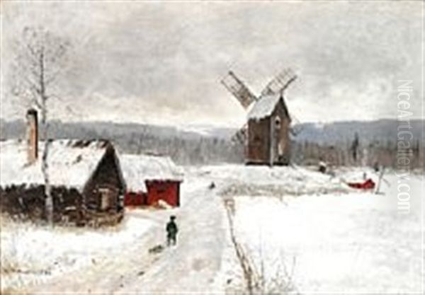 Swedish Winter Landscape With Two Boys With Sledges - view 1