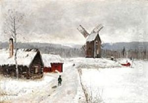 Swedish Winter Landscape With Two Boys With Sledges by Olof Hermelin