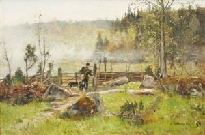 Jagare Med Hundar I Landskap by Olof Hermelin