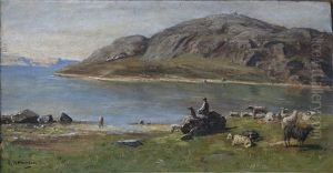 Bergigt Kustlandskap Med Farhjord Och Vallpojke Med Hund by Olof Hermelin