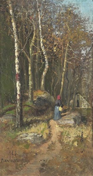 Varlandskap Med Kvinna Vid Skogsbryn - view 1