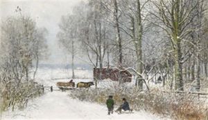 Vinterlandskap Med Rastande Pojkar Och Timmerfora