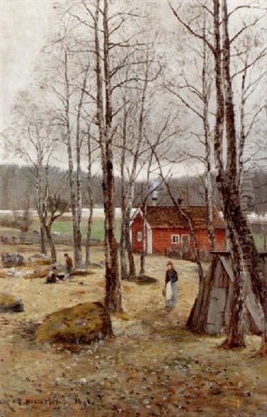 Landskap Med Figurer Och Rod Stugasenvinter - view 1