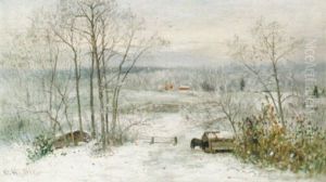 Vinterlandskap Med Roda Stugor, Utsikt Fran Konstnarens Ateljefonster by Olof Hermelin