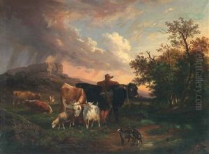 Kuhe, Schaf Und Ziegen Mit Einem Hirten Auf Der Wiese by Victor Herment