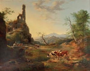 Paysage De Campagne Montagneuse Avec Pont Et Vaches by Victor Herment