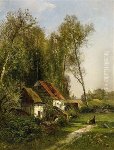 Spielende Kinder Auf Der Wiese Vor Einer Wassermuhle by Johannes Hermes