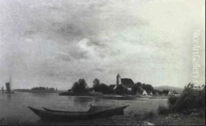 A View Of A Village In A River Landscape by Johannes Hermes
