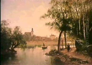 Landskap Med Bebyggelse Samt Manniskor Vid Vattendrag - Sommarmotiv Fran Eksjo by Ferdinand Hernlund
