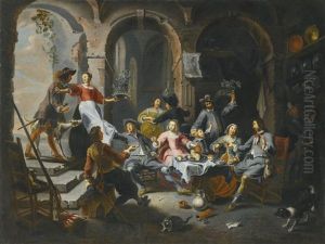 Interior With Soldiers Drinking And Carousing With Women