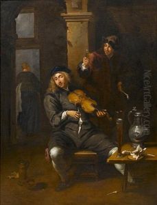 An Interior With A Young Man Playing A Violin And Another Raising A Glass Of Wine