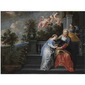 Saint Anne Teaching The Virgin Mary To Read, In A Garden Setting, With Two Angels Descending, Bearing A Floral Crown by Willem van, the Elder Herp