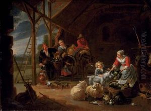 A Peasant Woman Selling Vegetables In A Barn With Travellers Loading Their Donkeys by Willem van, the Elder Herp
