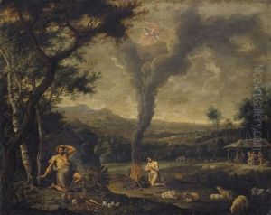 God Accepting The Sacrifice Of Abel, Having Rejected The Offer Of Cain, With Cain Killing Abel Beyond by Willem van, the Elder Herp