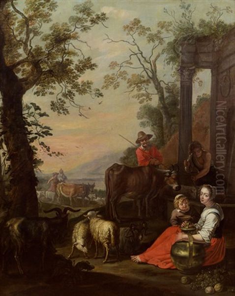 Bauernfamilie Mit Vieh Am Brunnen - view 1