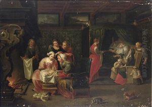 An Interior With Women Visiting A Mother Of A Newly-born Child And Small Children Near A Fireplace An Interior With Women Visiting A Mother Of A Newly-born Child And Small Children Near A Fireplace