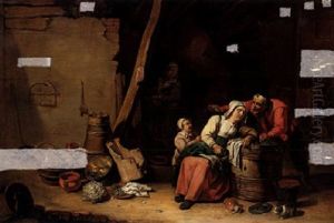 A Barn Interior With An Old Man And A Child Attending To An Old Lady Seated Near A Barrel, A Woman Beyond