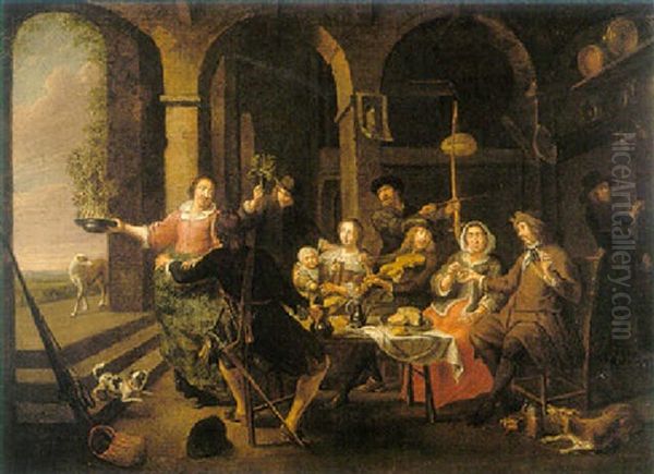 An Interior With Figures Making Merry Around A Table - view 1