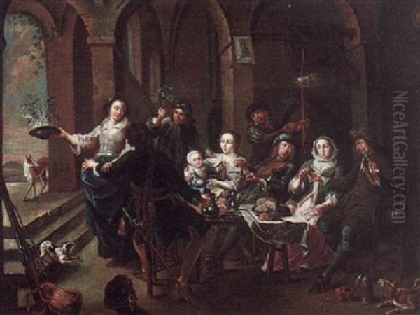 An Interior With Various Figures Seated At A Table Dining, Drinking And Making Music - view 1