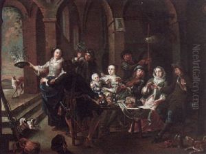 An Interior With Various Figures Seated At A Table Dining, Drinking And Making Music by Willem van, the Elder Herp