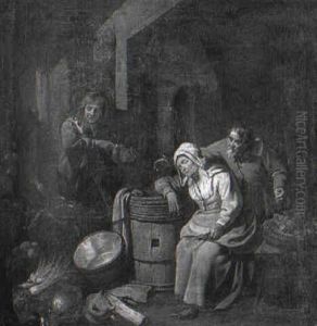 A Kitchen Interior With A Maid Asleep Over A Barrel