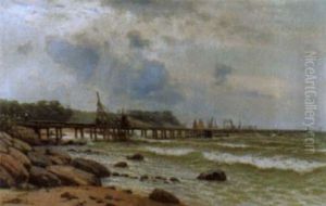 Kustenpartie Mit Seebrucke Im Sonnenschein by Franz Karl Herpel