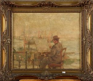 Le Peintre Et Son Chevalet Devant Un Port De Peche