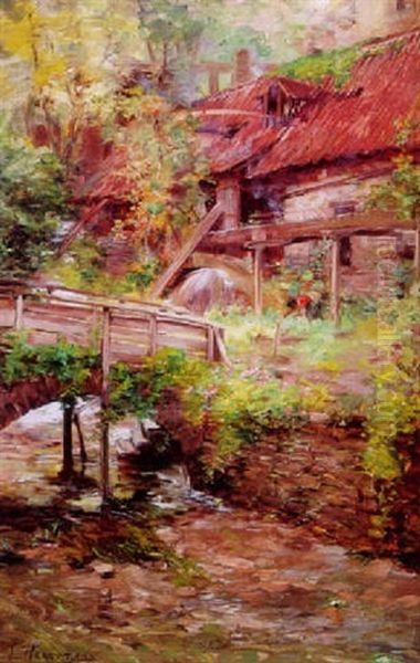 A Figure Working In A Garden Near An Old Mill - view 1