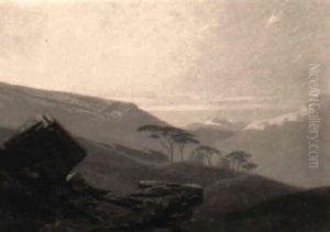 Bergige Landschaft Mit Pinien Bei Neapel Im Abendlicht