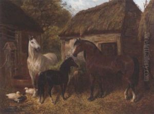 Horses And Ducks In A Farmyard by Benjamin Herring Jr.