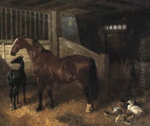 Horses And Ducks In A Barn by Benjamin Herring Jr.