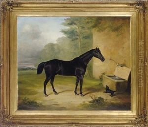 A Black Horse And Dog By The Water Trough