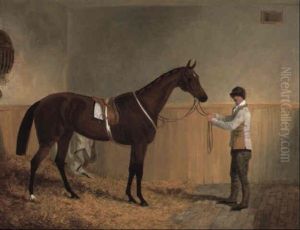 The Bay Racehorse Alice Hawthorn Held By A Groom In Her Stable